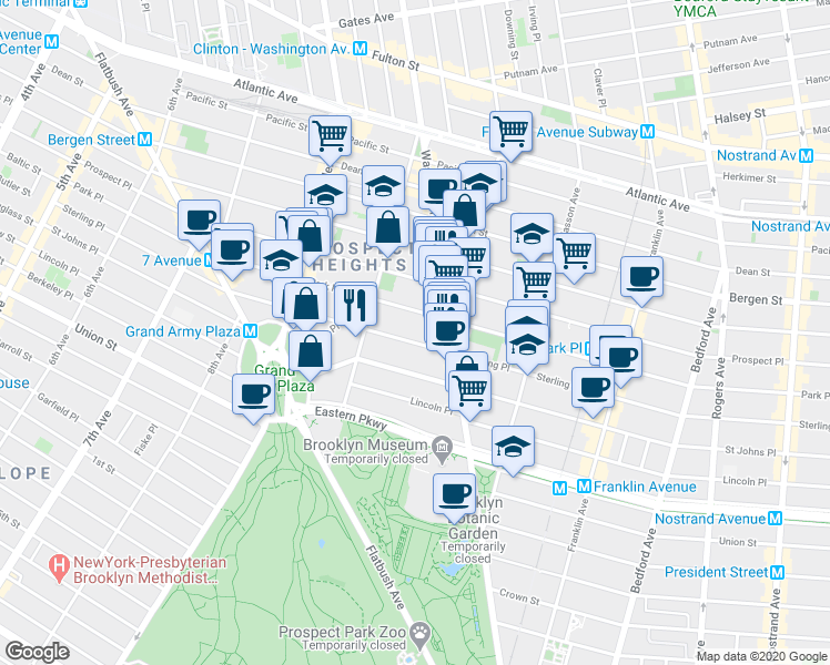 map of restaurants, bars, coffee shops, grocery stores, and more near 398 Park Place in Brooklyn