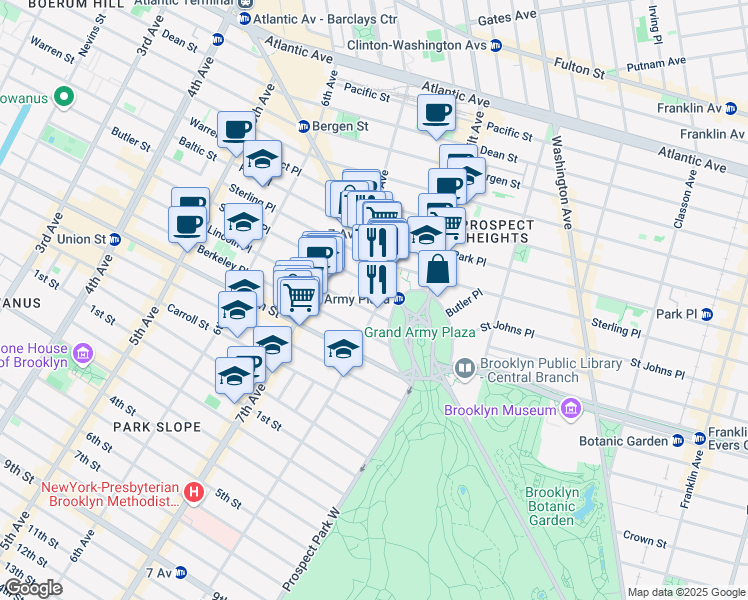 map of restaurants, bars, coffee shops, grocery stores, and more near 232 Saint Johns Place in Brooklyn