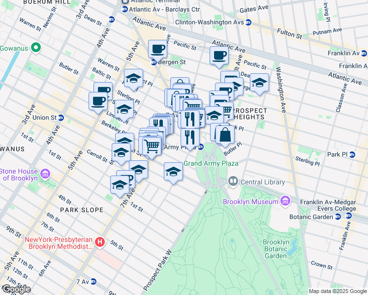 map of restaurants, bars, coffee shops, grocery stores, and more near 232 Saint Johns Place in Brooklyn