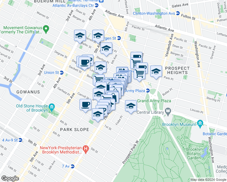 map of restaurants, bars, coffee shops, grocery stores, and more near 151 Berkeley Place in Brooklyn