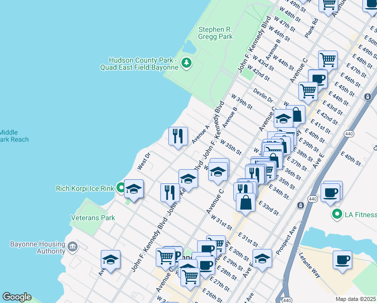 map of restaurants, bars, coffee shops, grocery stores, and more near 794 Avenue A in Bayonne