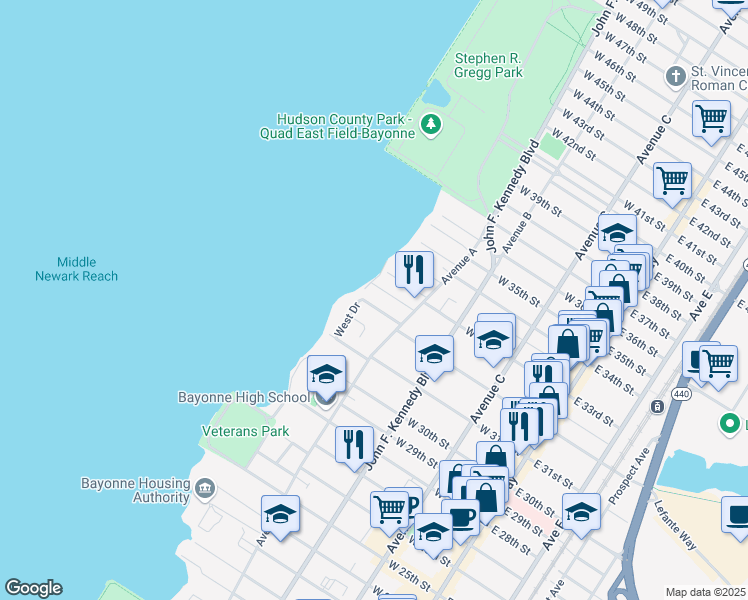 map of restaurants, bars, coffee shops, grocery stores, and more near 32 Newark Bay Court in Bayonne