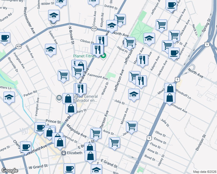 map of restaurants, bars, coffee shops, grocery stores, and more near 1144 Fairmount Avenue in Elizabeth