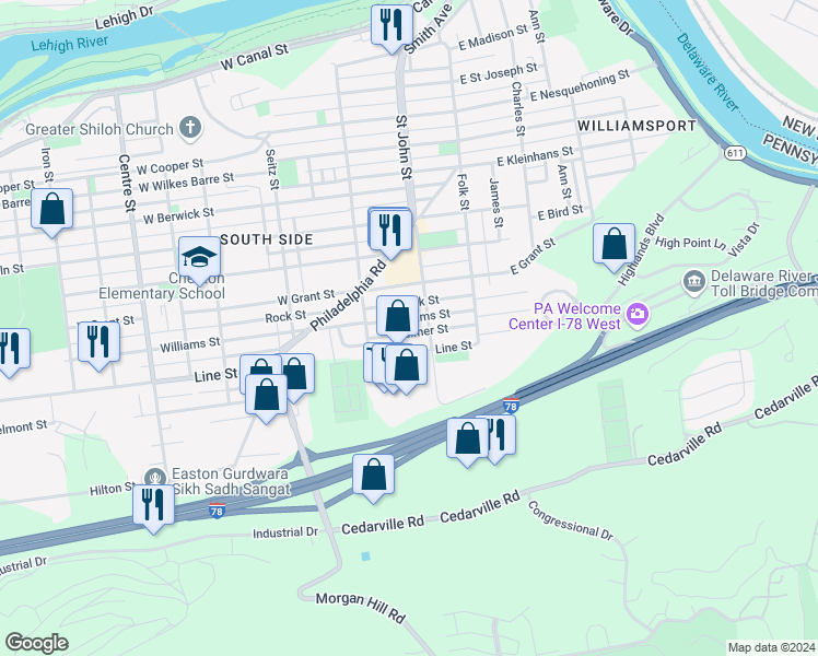 map of restaurants, bars, coffee shops, grocery stores, and more near 213 Palmer Street in Easton