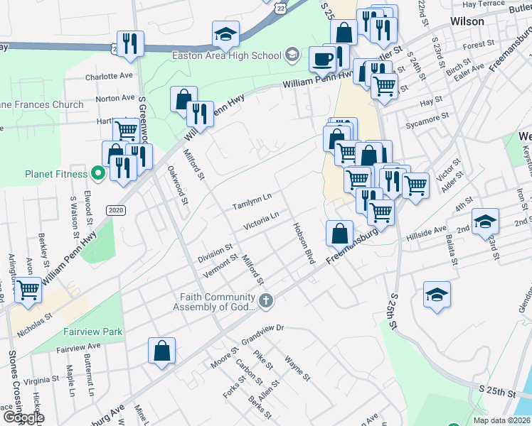 map of restaurants, bars, coffee shops, grocery stores, and more near 2713 Victoria Lane in Easton