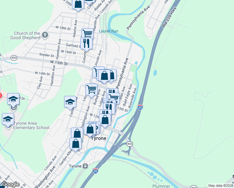 map of restaurants, bars, coffee shops, grocery stores, and more near 1403-05 Blair Avenue in Tyrone