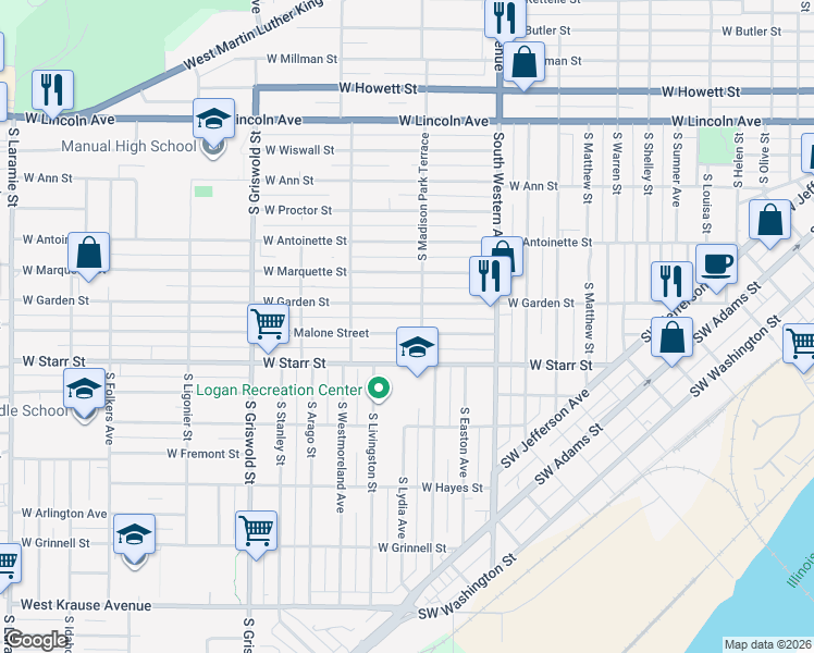 map of restaurants, bars, coffee shops, grocery stores, and more near 2106 West Garden Street in Peoria