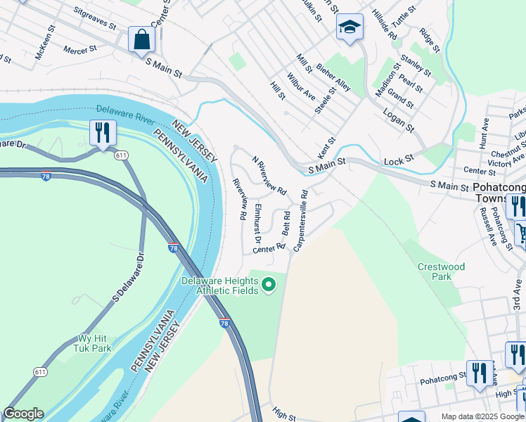 map of restaurants, bars, coffee shops, grocery stores, and more near 160 Forrest Lane in Phillipsburg