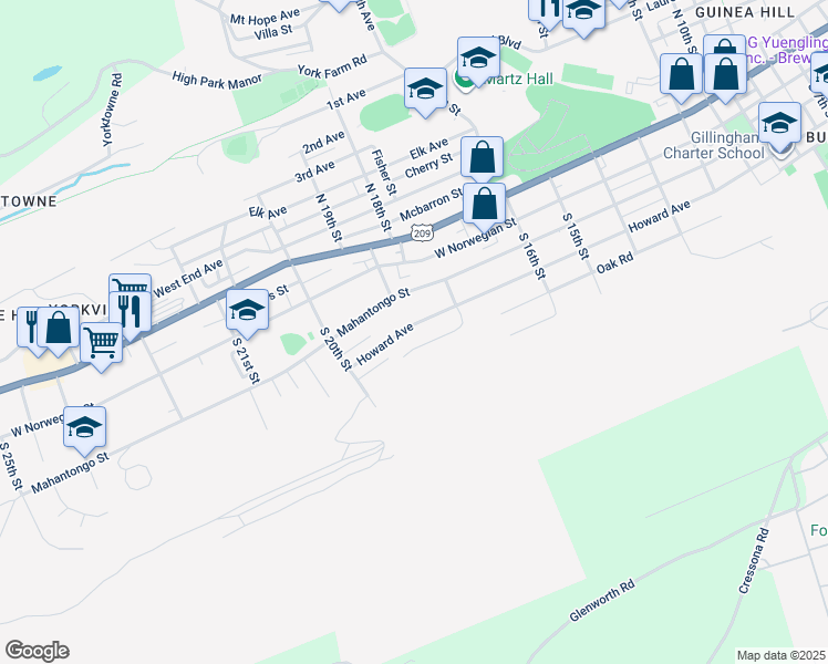 map of restaurants, bars, coffee shops, grocery stores, and more near 1823 Howard Avenue in Pottsville