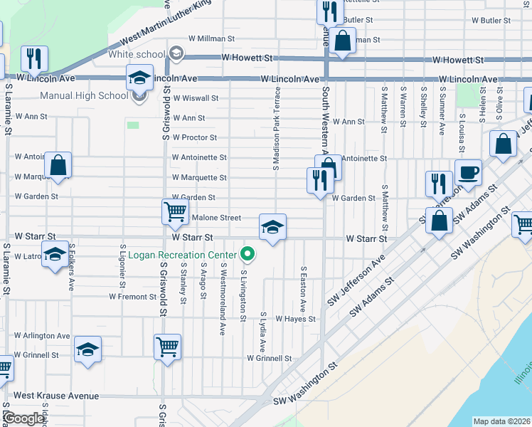map of restaurants, bars, coffee shops, grocery stores, and more near 2106 West Garden Street in Peoria