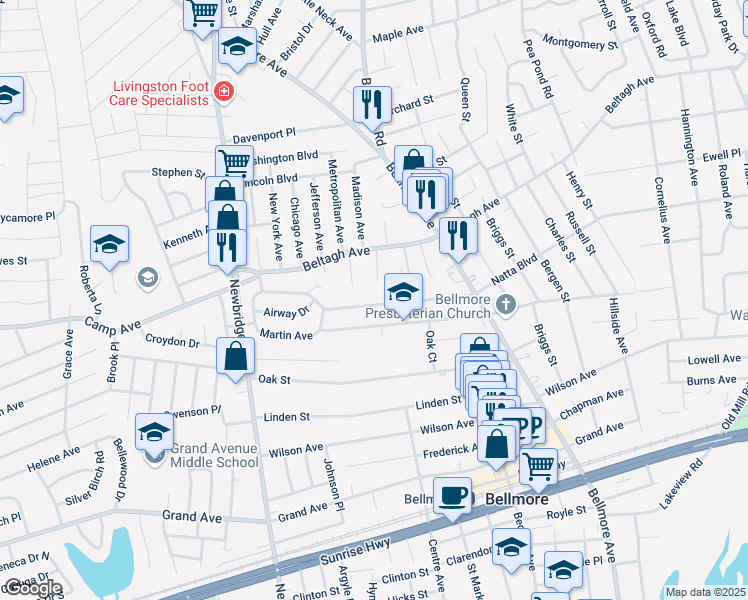 map of restaurants, bars, coffee shops, grocery stores, and more near 2581 Natta Boulevard in Bellmore