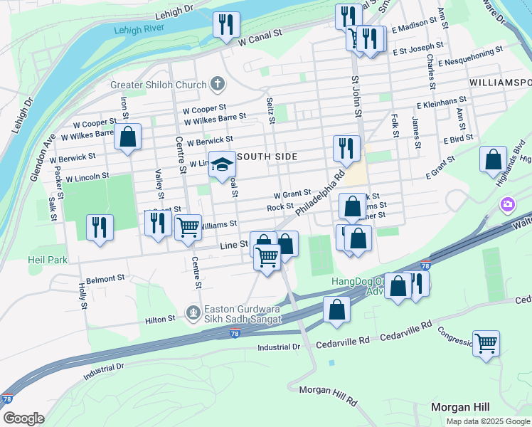 map of restaurants, bars, coffee shops, grocery stores, and more near 437 Williams Street in Easton