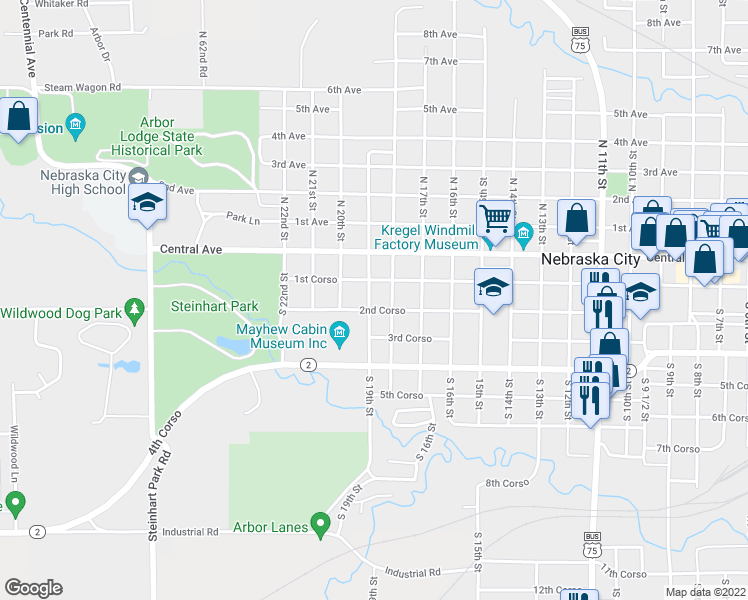 map of restaurants, bars, coffee shops, grocery stores, and more near 206 South 18th Street in Nebraska City