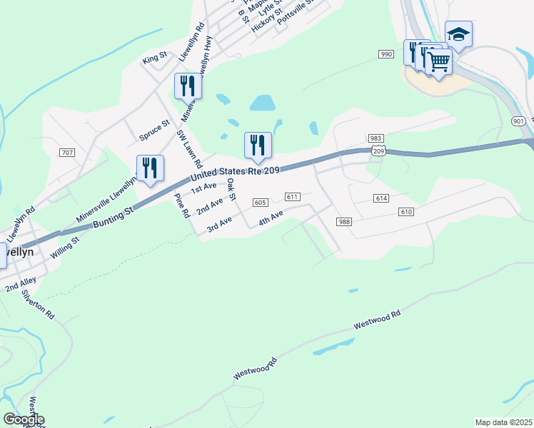 map of restaurants, bars, coffee shops, grocery stores, and more near 61 4th Avenue in Pottsville
