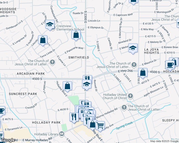 map of restaurants, bars, coffee shops, grocery stores, and more near 4447 Holladay Park Lane in Holladay