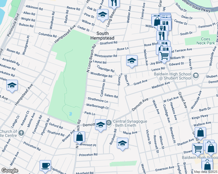 map of restaurants, bars, coffee shops, grocery stores, and more near 1439 California Street in Rockville Centre