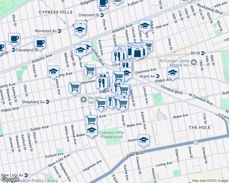 map of restaurants, bars, coffee shops, grocery stores, and more near 2730 Pitkin Avenue in Brooklyn