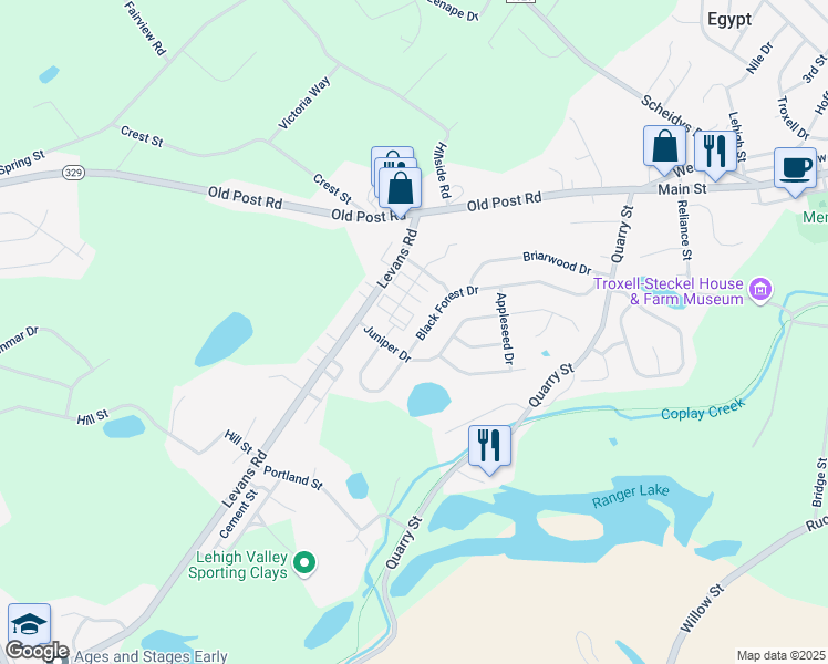 map of restaurants, bars, coffee shops, grocery stores, and more near 2365 Black Forest Drive in Coplay