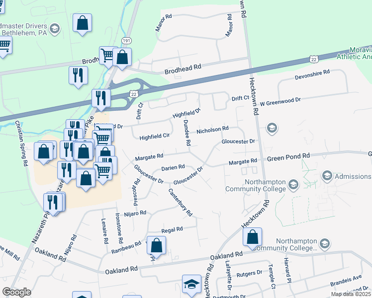 map of restaurants, bars, coffee shops, grocery stores, and more near 3869 Dundee Road in Bethlehem