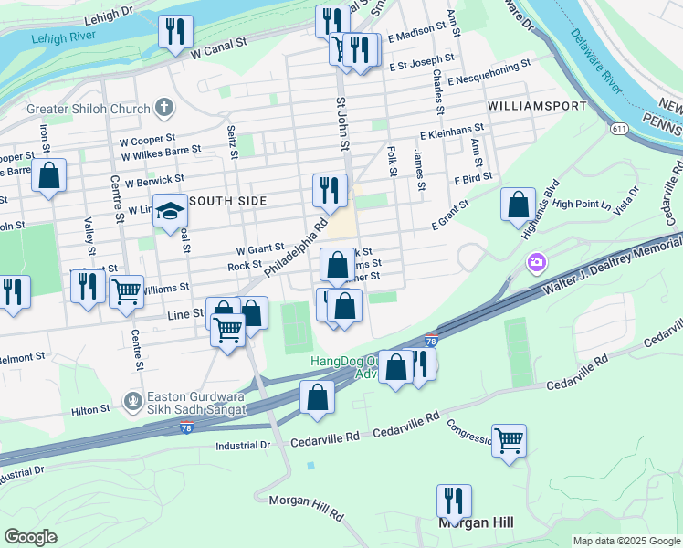 map of restaurants, bars, coffee shops, grocery stores, and more near 219 Palmer Street in Easton