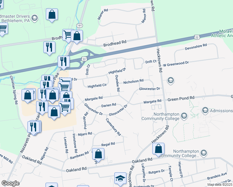 map of restaurants, bars, coffee shops, grocery stores, and more near 3869 Dundee Road in Bethlehem