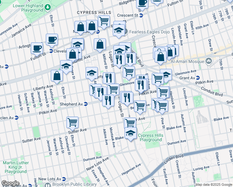 map of restaurants, bars, coffee shops, grocery stores, and more near 448 Logan Street in Brooklyn