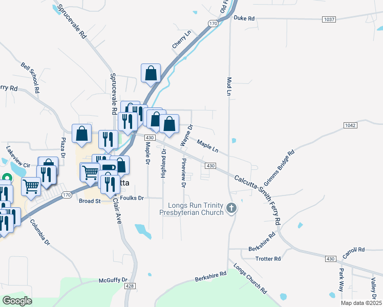 map of restaurants, bars, coffee shops, grocery stores, and more near 49286 Calcutta-Smith Ferry Road in Calcutta