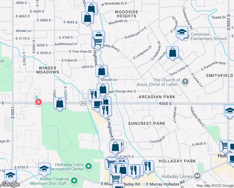 map of restaurants, bars, coffee shops, grocery stores, and more near 1820 Osage Orange Avenue South in Holladay
