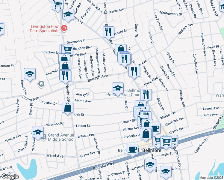 map of restaurants, bars, coffee shops, grocery stores, and more near 2595 Natta Boulevard in Bellmore