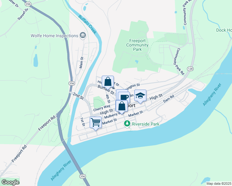 map of restaurants, bars, coffee shops, grocery stores, and more near 104 Buffalo Street in Freeport