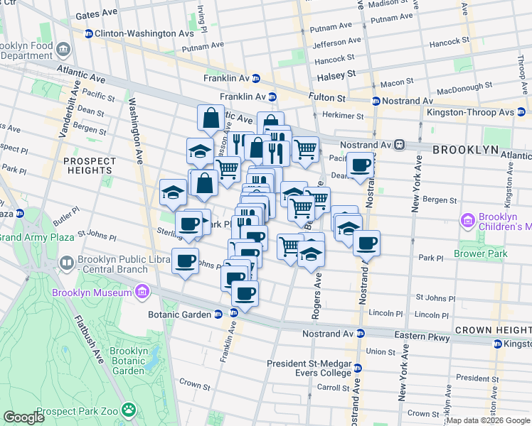 map of restaurants, bars, coffee shops, grocery stores, and more near 681 Franklin Avenue in Brooklyn