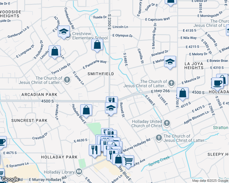 map of restaurants, bars, coffee shops, grocery stores, and more near 4445 Holladay Park Lane in Holladay