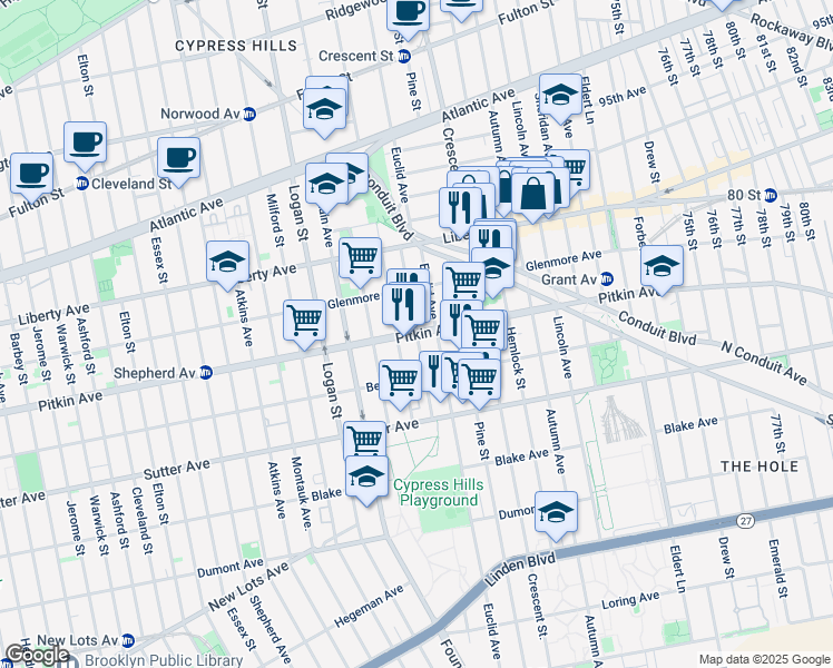 map of restaurants, bars, coffee shops, grocery stores, and more near Doscher Street in Brooklyn