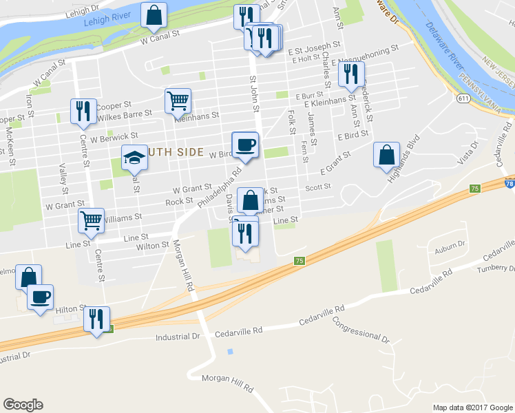 map of restaurants, bars, coffee shops, grocery stores, and more near 213 Palmer Street in Easton