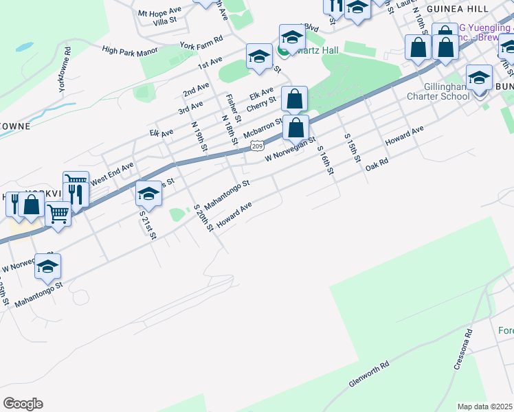 map of restaurants, bars, coffee shops, grocery stores, and more near 1819 Howard Avenue in Pottsville