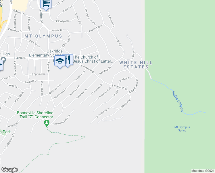 map of restaurants, bars, coffee shops, grocery stores, and more near 4420 South Mathews Way in Salt Lake City