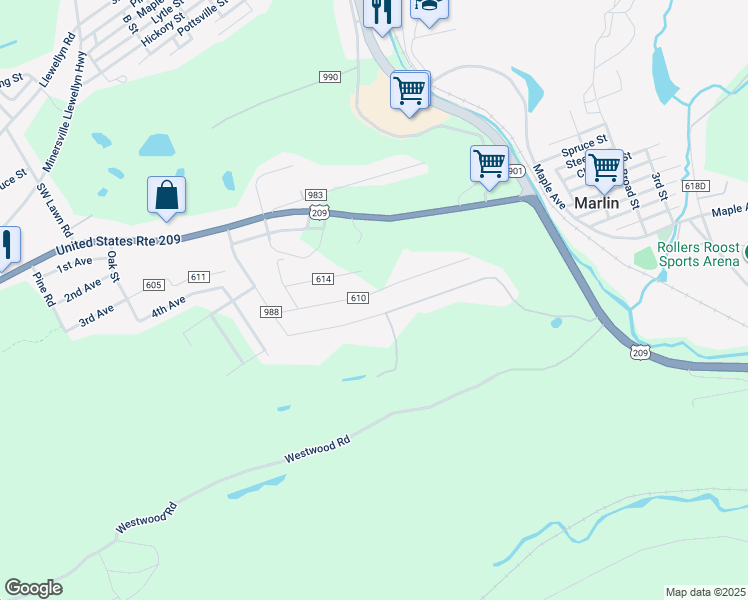 map of restaurants, bars, coffee shops, grocery stores, and more near 1048 Maple Street in Pottsville