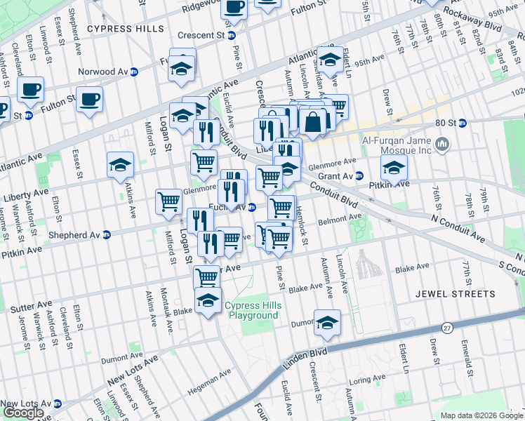 map of restaurants, bars, coffee shops, grocery stores, and more near in Brooklyn