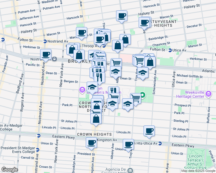 map of restaurants, bars, coffee shops, grocery stores, and more near 1346 Bergen Street in Brooklyn
