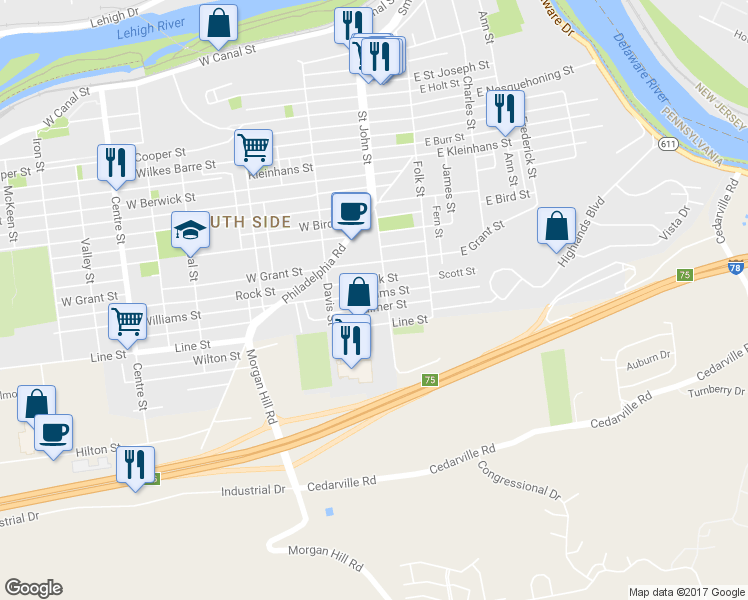 map of restaurants, bars, coffee shops, grocery stores, and more near 209 Palmer Street in Easton