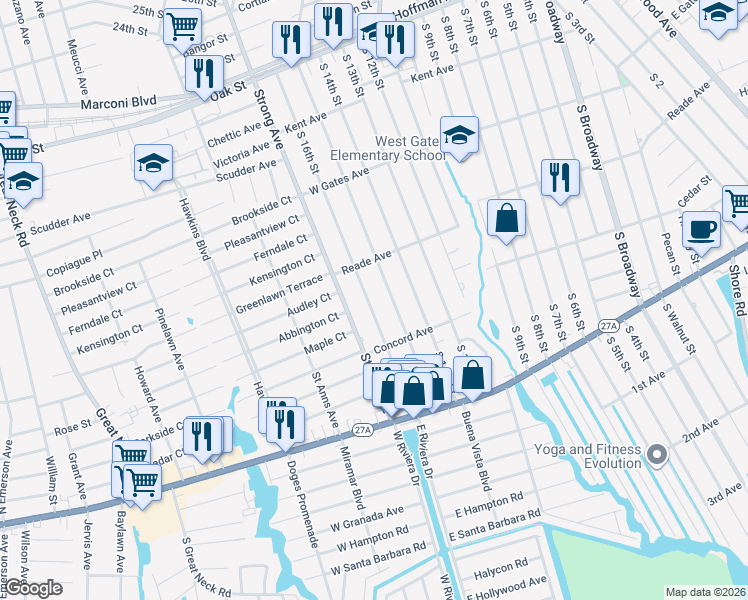 map of restaurants, bars, coffee shops, grocery stores, and more near 456 South 16th Street in Lindenhurst