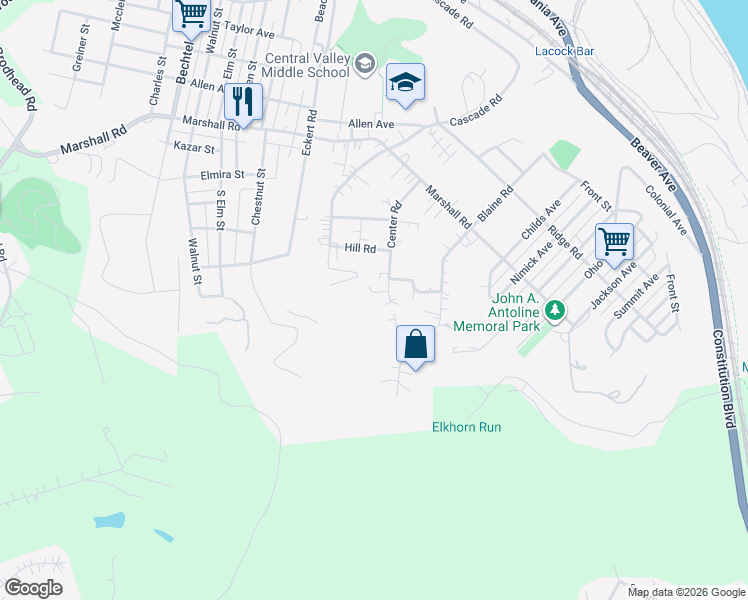 map of restaurants, bars, coffee shops, grocery stores, and more near 1308 Center Rd in Monaca