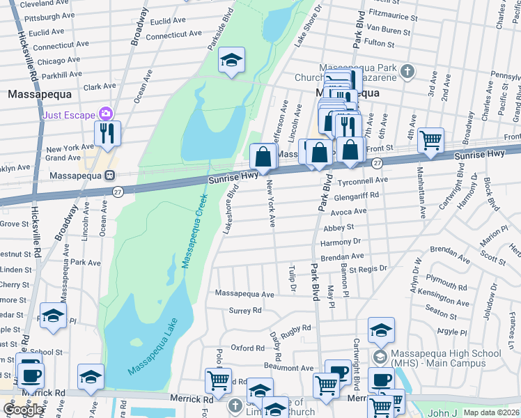 map of restaurants, bars, coffee shops, grocery stores, and more near 33 Glengariff Road in Massapequa Park