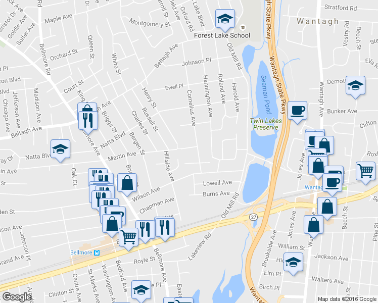 map of restaurants, bars, coffee shops, grocery stores, and more near 2974 Curtis Place in Wantagh