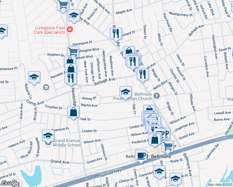 map of restaurants, bars, coffee shops, grocery stores, and more near 2595 Natta Boulevard in Bellmore