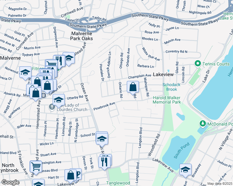 map of restaurants, bars, coffee shops, grocery stores, and more near 1050 Ontario Road in West Hempstead