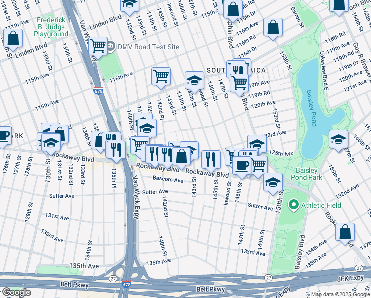 map of restaurants, bars, coffee shops, grocery stores, and more near 142-27 122nd Avenue in Queens