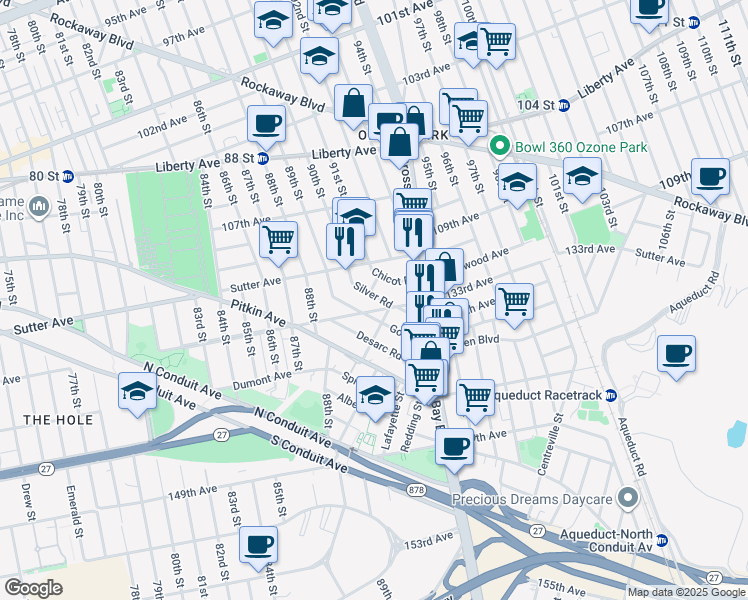 map of restaurants, bars, coffee shops, grocery stores, and more near 90-14 Silver Road in Queens