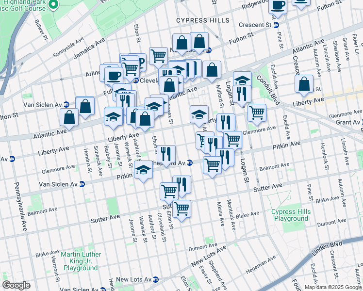 map of restaurants, bars, coffee shops, grocery stores, and more near 793 Glenmore Avenue in Brooklyn