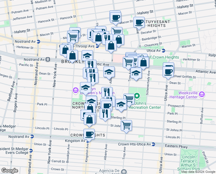 map of restaurants, bars, coffee shops, grocery stores, and more near 1362A Bergen Street in Brooklyn